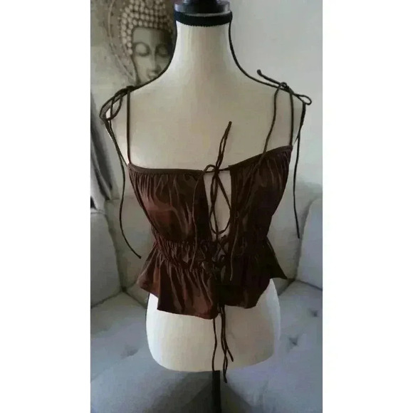 Tops - Tic Toc Women's Satin Brown Tie-Front Bustier Top, Size L
